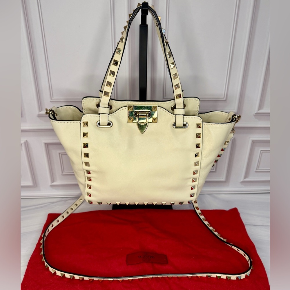 Valentino Garavani Mini Rockstud Tote Bag Cream Leather 2-Way Crossbody